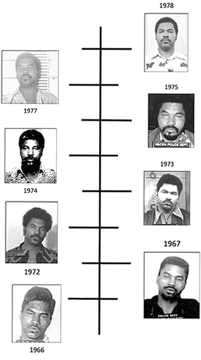 The official FBI timeline of Samuel Little's victims, from 1970 to 2005. Photos of 15 men and the years they were killed are lined up. 