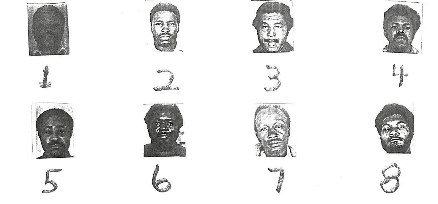 A set of eight mugshots of men from which Leila McClain and Hilda Nelson identified Samuel Little after he was arrested for the murder of Melina LaPree.