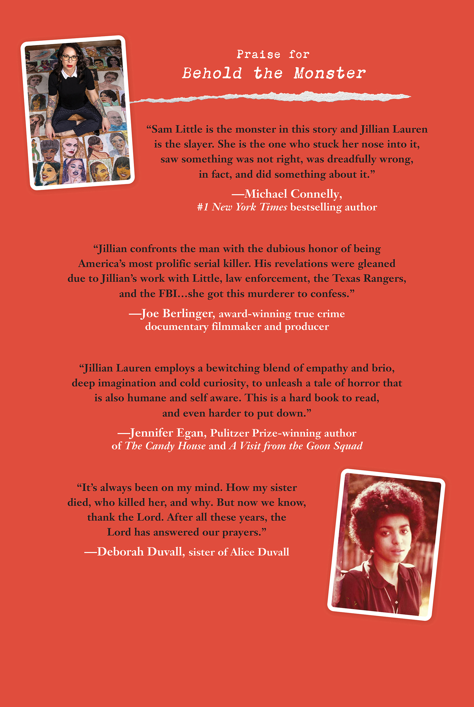 The back cover shows a photo of the author amid praise from Michael Connelly, Joe Berlinger, Jennifer Egan, and Deborah Duvall. 