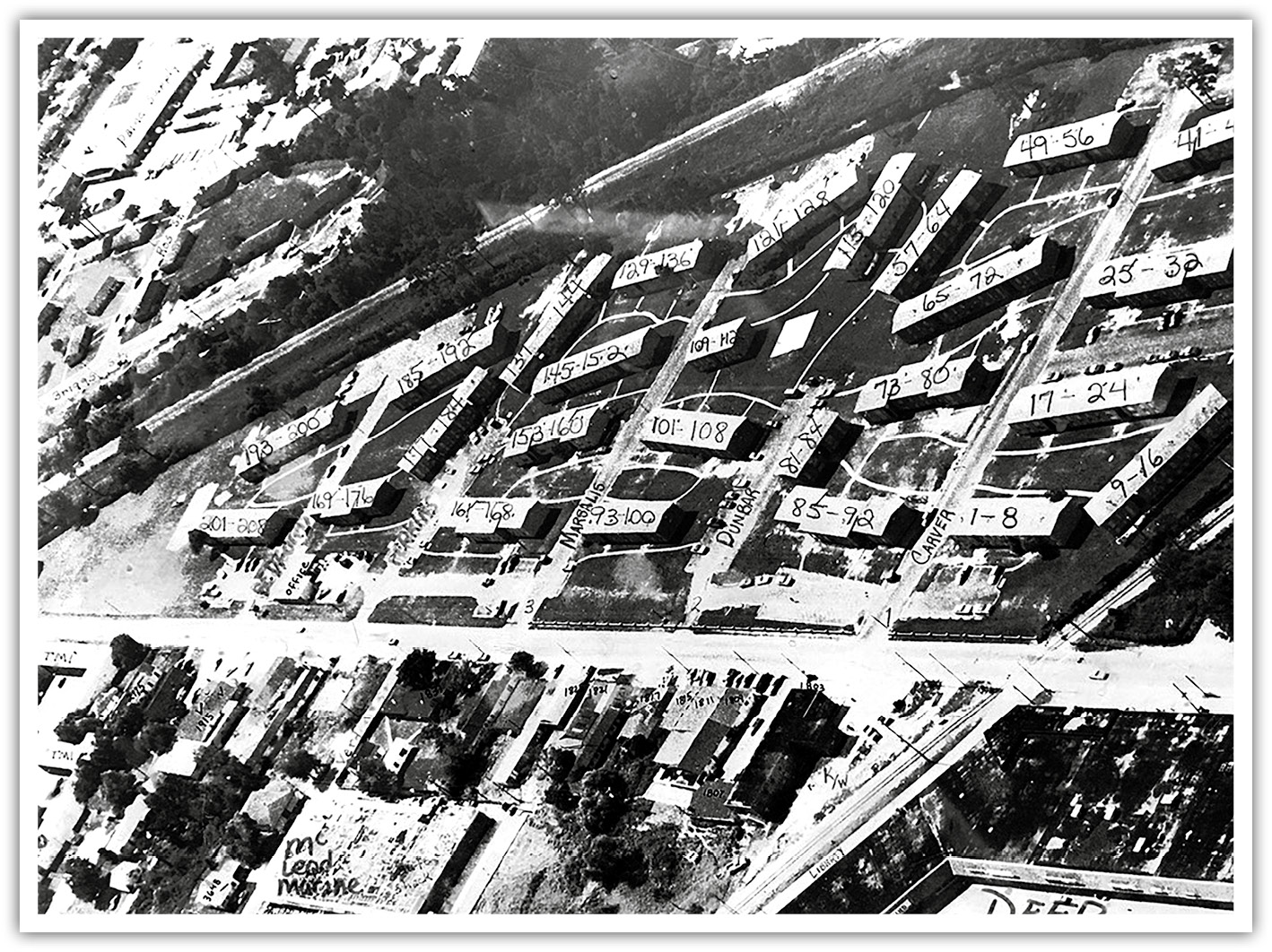 A map of Carver Village, each block marked with address numbers.