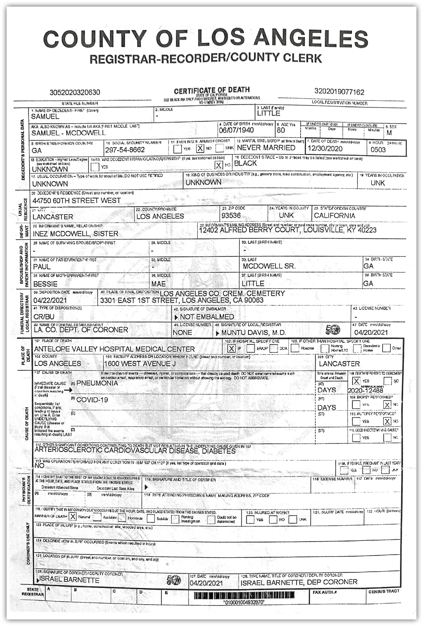 A scan of the death certificate of Samuel Little from the County of Los Angeles. 