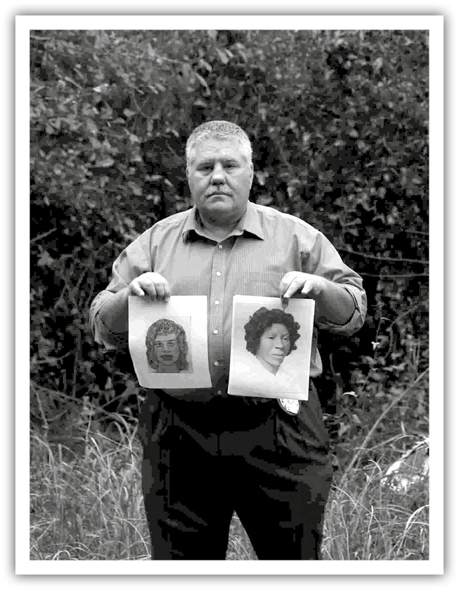 A photo of Darren Versiga holding two police sketches of victims.