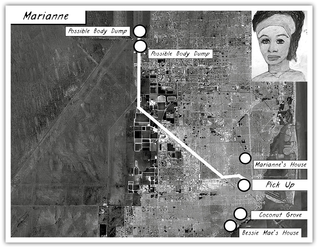 A map of the possible route traveled by Samuel Little and Marianne, noting two possible body dump locations, a pick up location, and Marianne's house nearby. A thumbnail of the woman's police sketch is in the top right corner. 