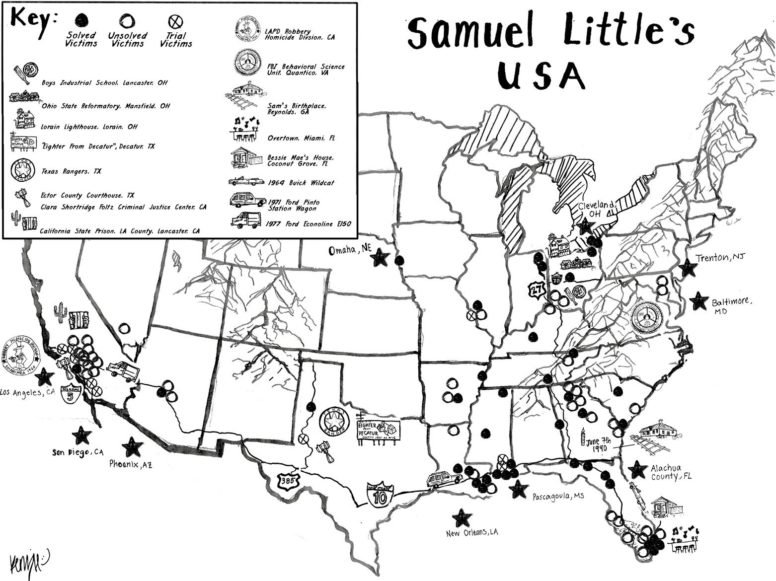 A hand-drawn map of all of Samuel Little's murders across the United States. 