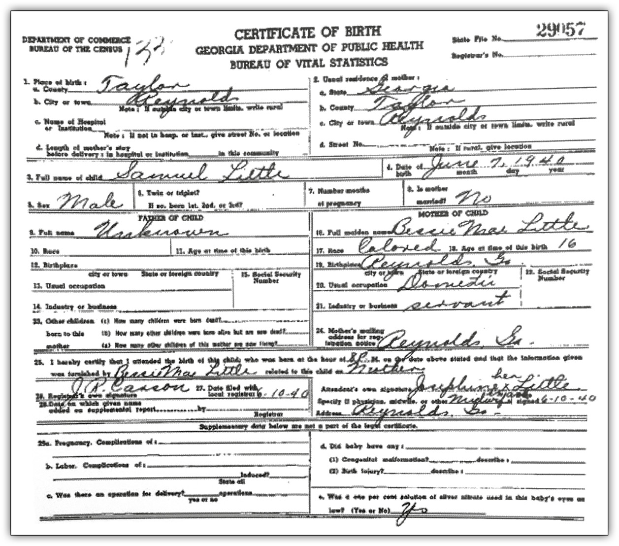 A scan of the birth certificate of Samuel Little. 