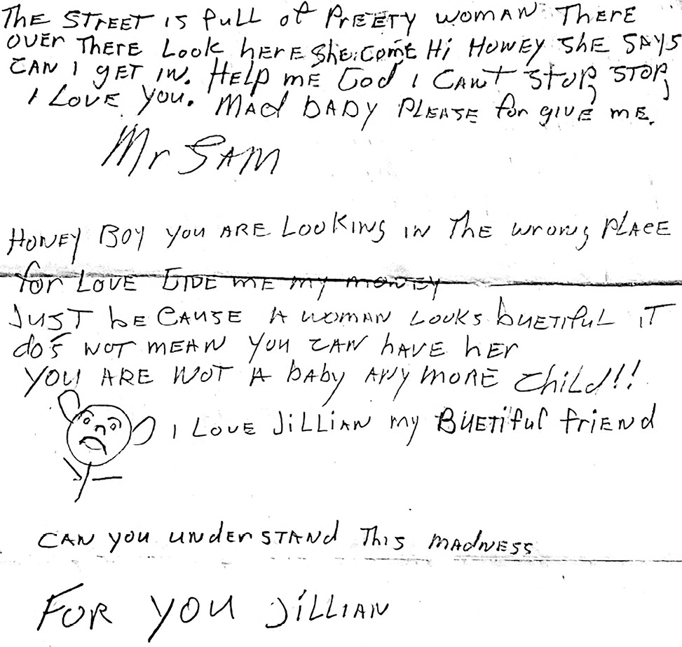 A scan of a handwritten letter from Samuel Little to the author, Jillian Lauren. 